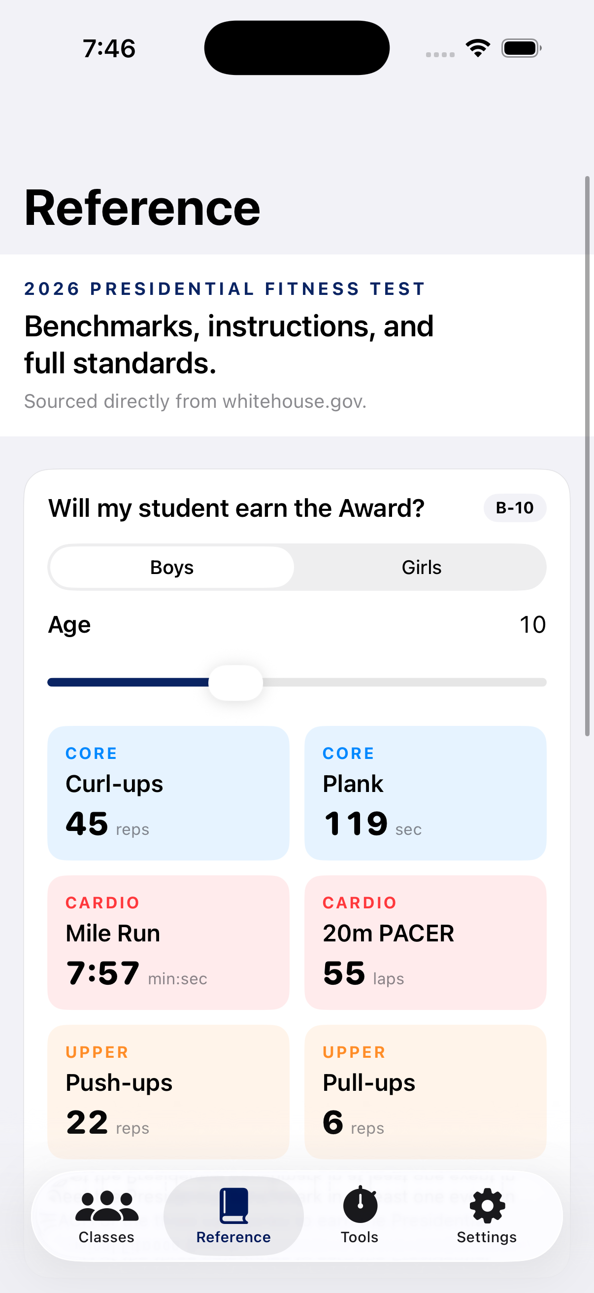 iPhone showing the PFT Reference calculator with the Boys/Girls picker, age slider, and six target tiles